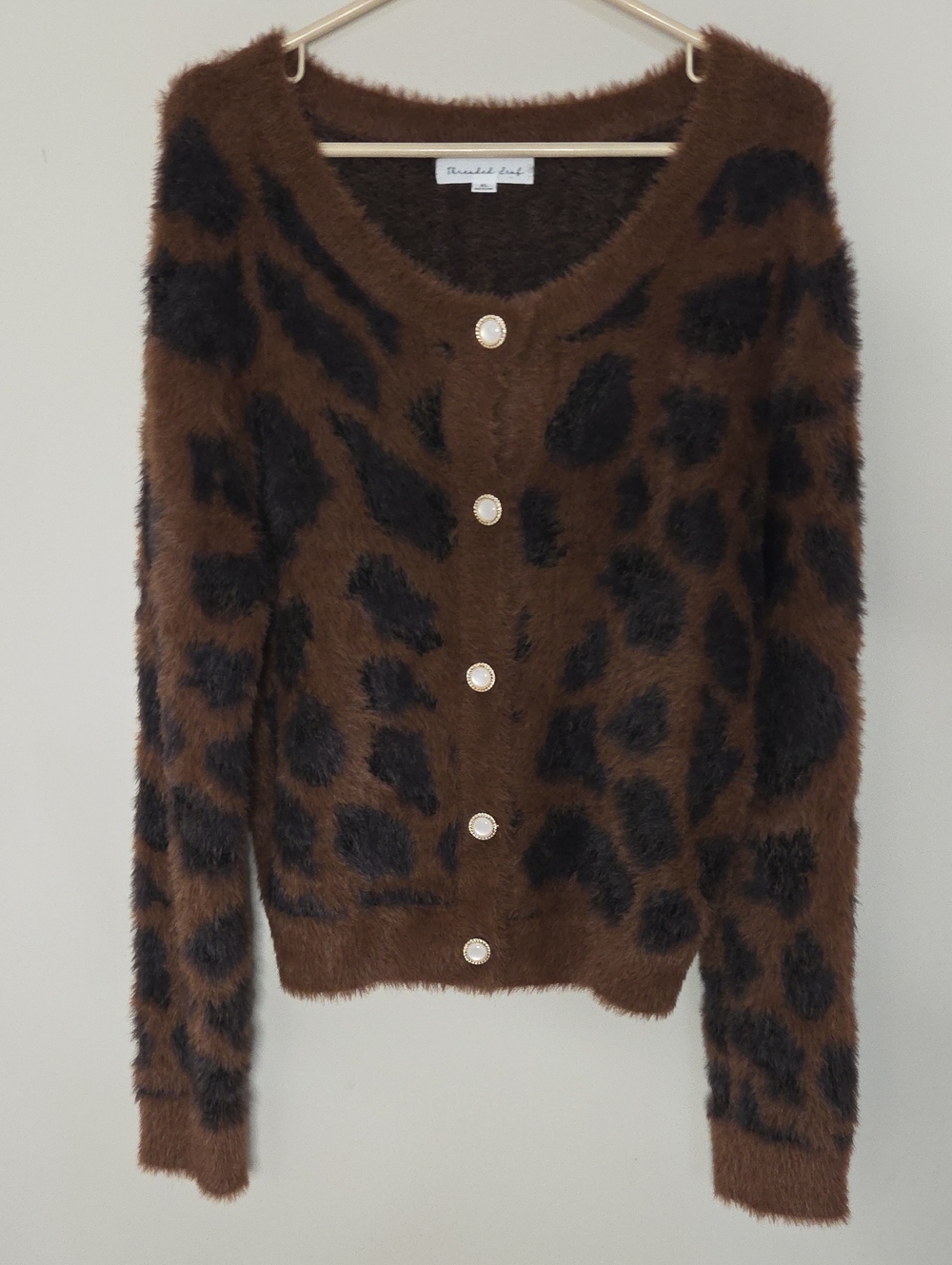 Threaded Leaf Brown Leopard-Print Fuzzy Button Cardigan Sweater